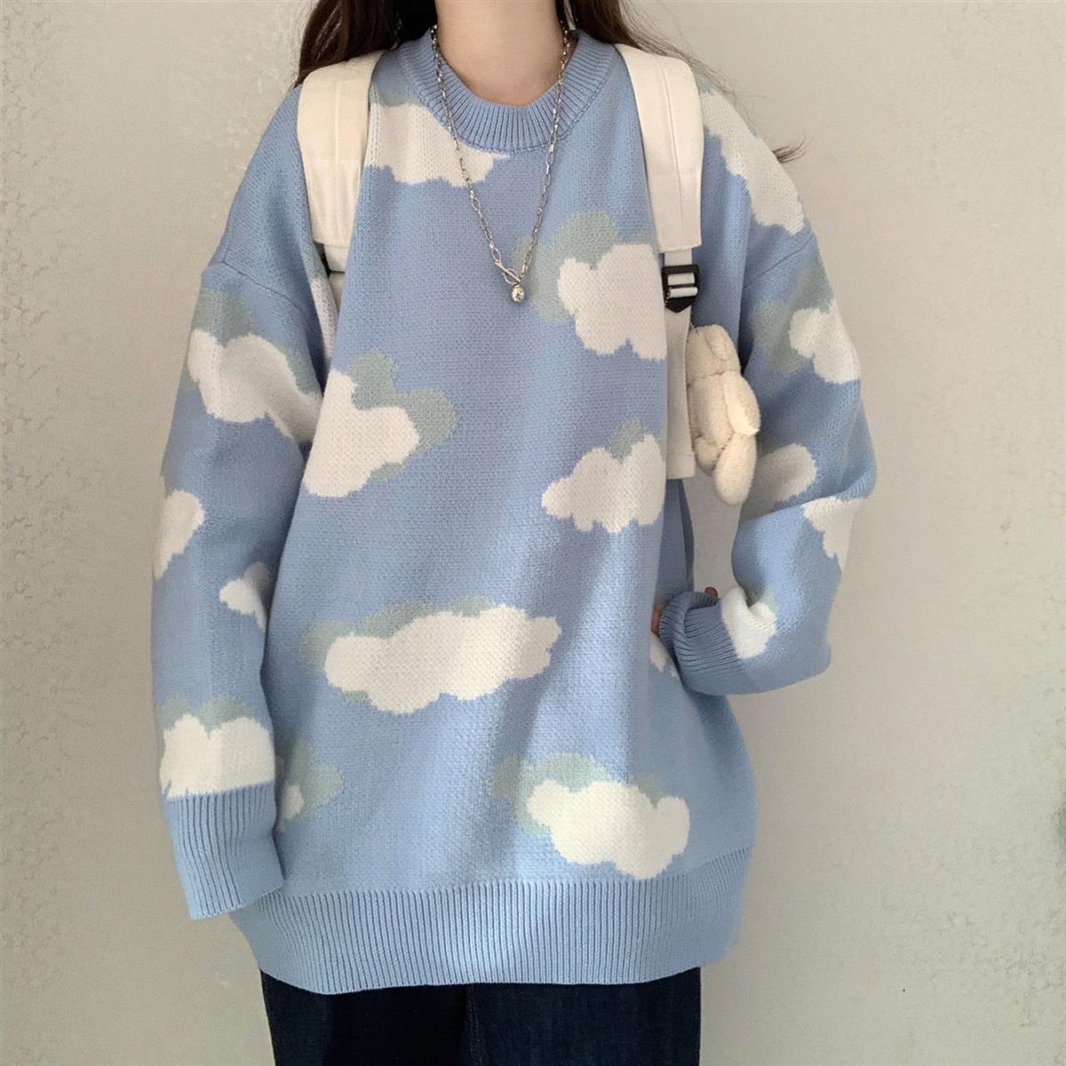 Blue Sweaters Women Harajuku Lovely Cloud Chic Preppy Simple Vest Oversize Soft Loose Autumn Spring Teens Knitwear Pullover 2021 alx