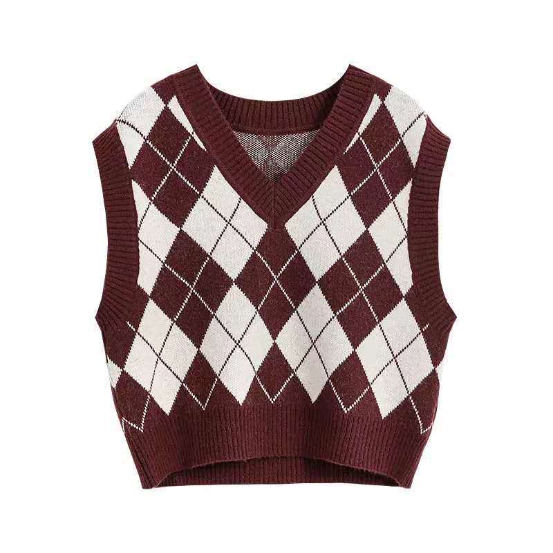 Sweaters Vest Women Argyle England Style Crop Knitting V-neck Elegant All-match Retro Autumn Preppy Trendy Female Clothing Warm alx