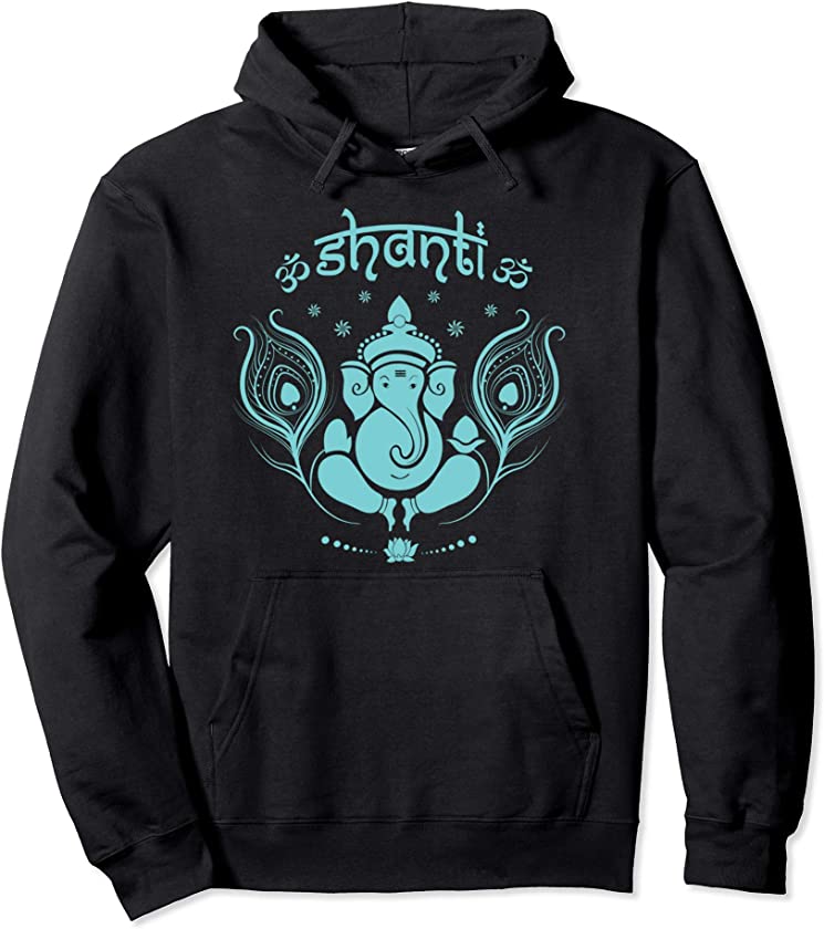 Ganesh Hindu Elephant God Peacock Feather Lotus Shanti Yoga Pullover Hoodie