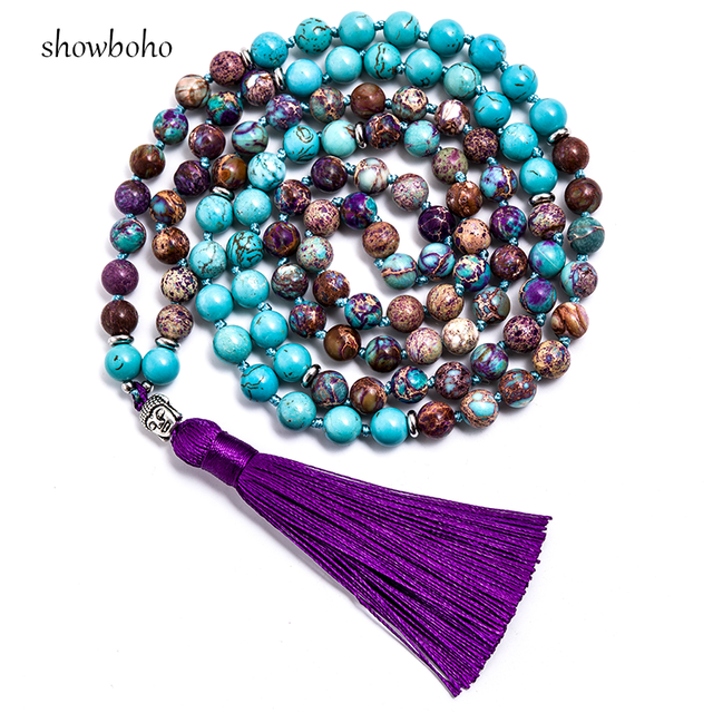 8mm Natural Turquoise Violet Imperal Jaspers Beaded Knotted 108 Japamala Necklace Meditation Yoga Tibetan Buddha Head Jewelry alx