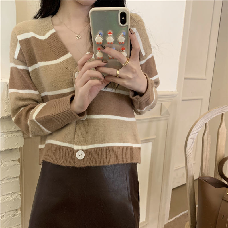 Cardigan Women Striped V-neck Crop Retro Kawaii Cozy Design Youth Preppy Stylish Korean Style кардиган женский Gentle Casual Ins alx