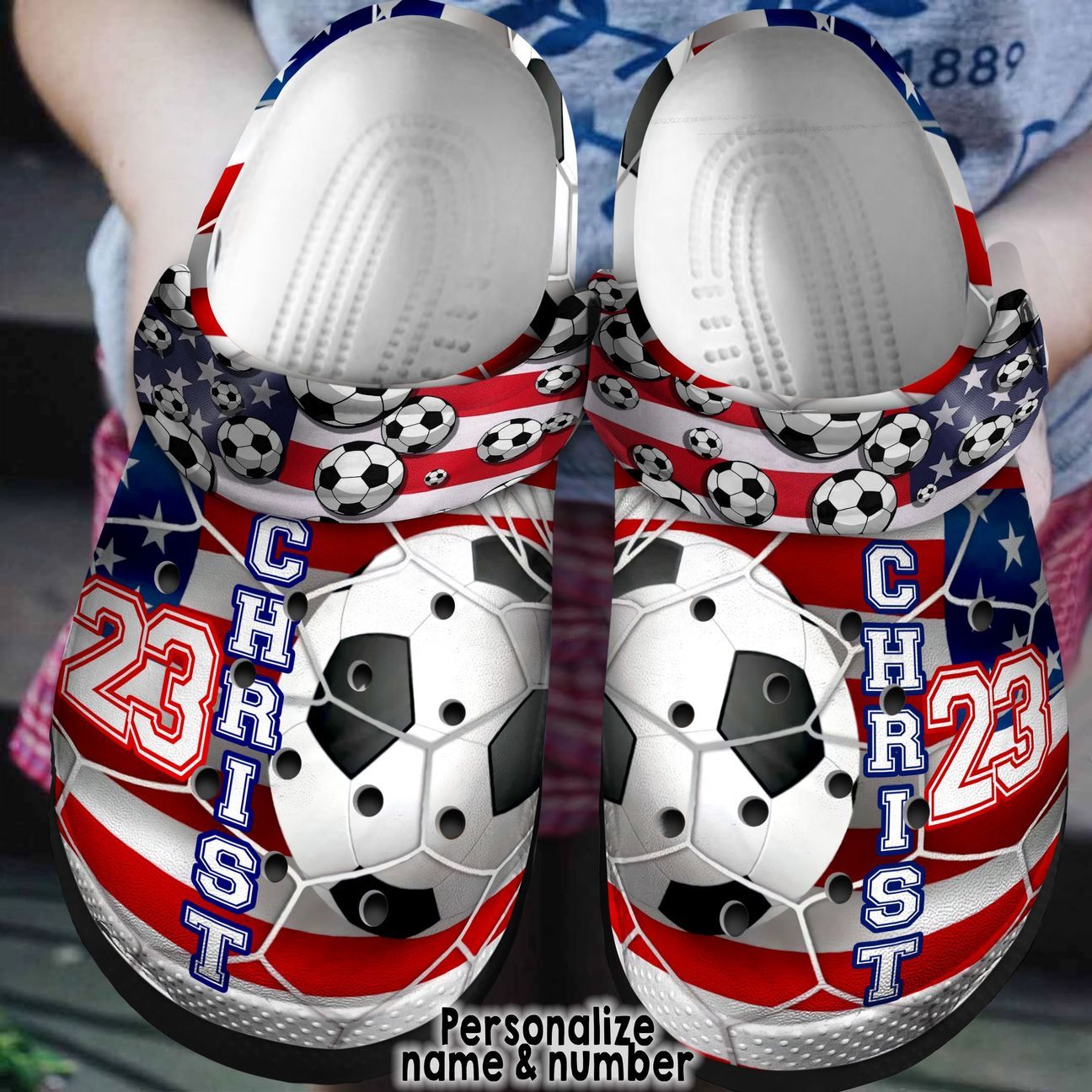 Soccer Personalized Clog, Custom Name, Text, Color, Number Fashion Style For Women, Men, Kid, Print 3D American Flag Soccer