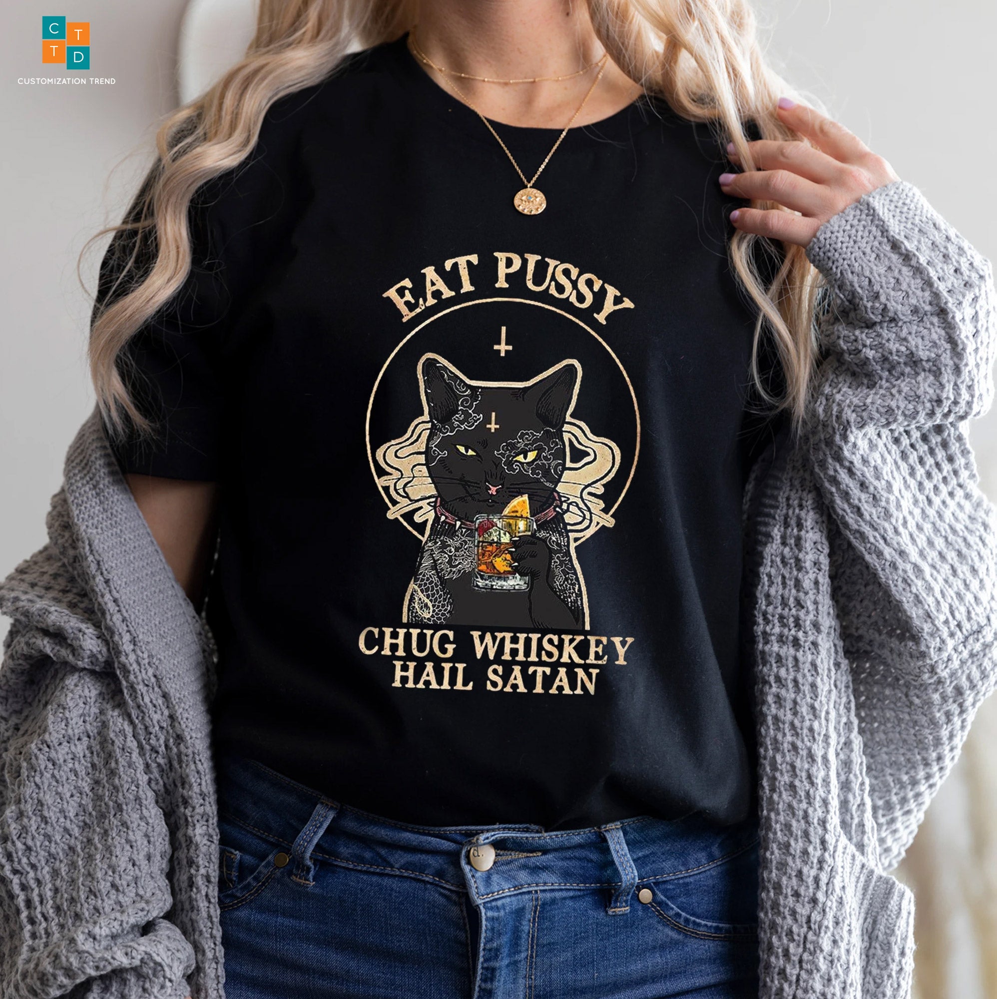 Eat Pussy Chug Whiskey Hail Satan Cat Hoodie T-Shirt