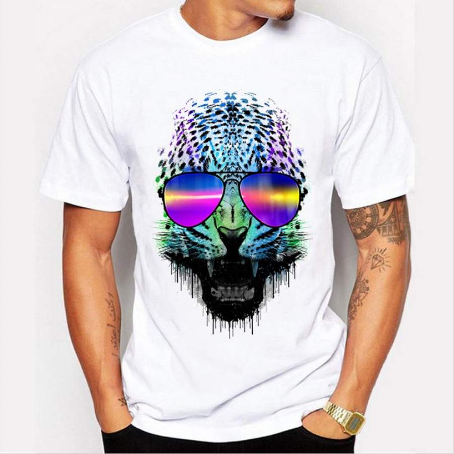 Summer 3D Leopard T-shirt Men Short Sleeve Round Neck Personality Print Top