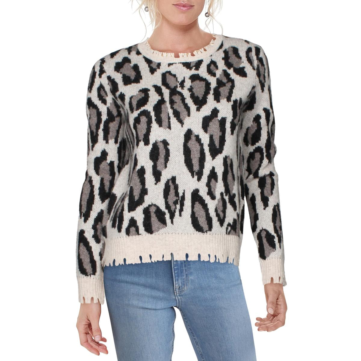 Womens Animal Print Frayed Hem Sweater