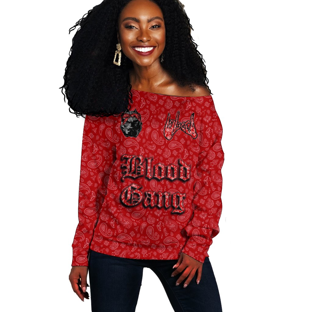 (Custom) Blood Gang Off Shoulder Sweater Red Bandana A31