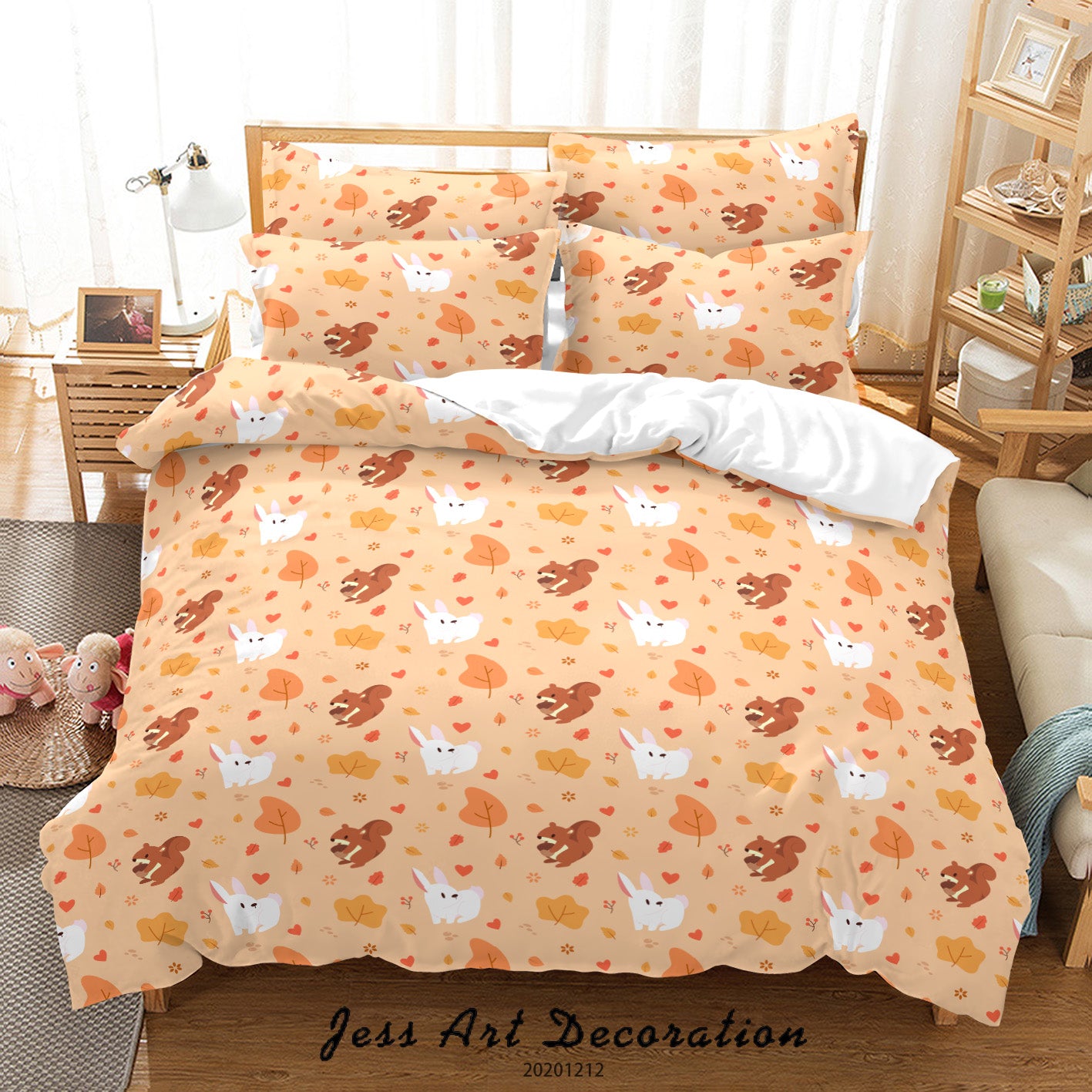 3D Cartoon Bunny Squirrel Maple Leaves Plant Pattern Orange Quilt Cover Set Bedding Set Duvet Cover Pillowcases Lxl