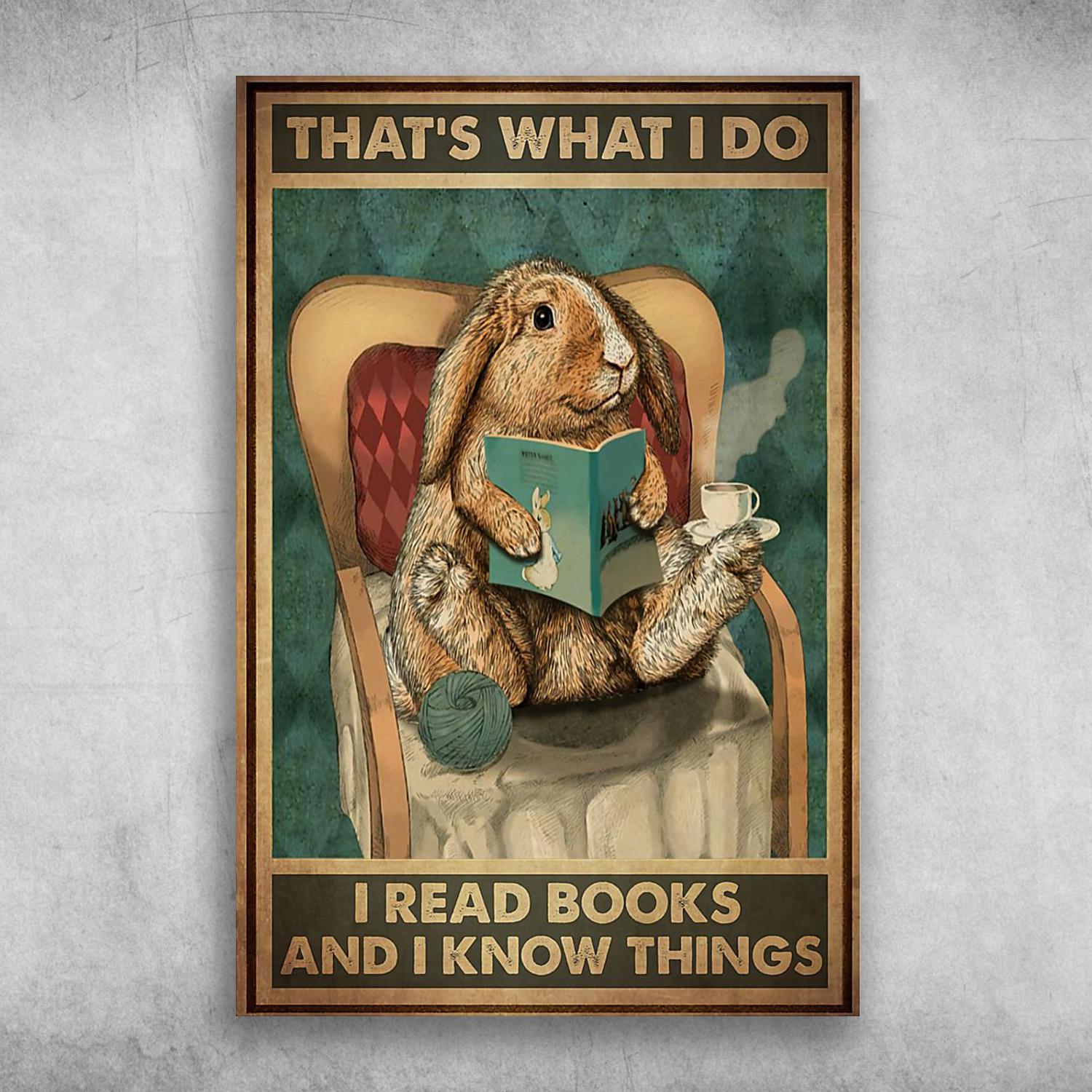 Rabbit Reading Book And Drinking Coffee That’s What I Do, I Read Books And I Know Things Poster Print Wall Art Canvas Wall Decor