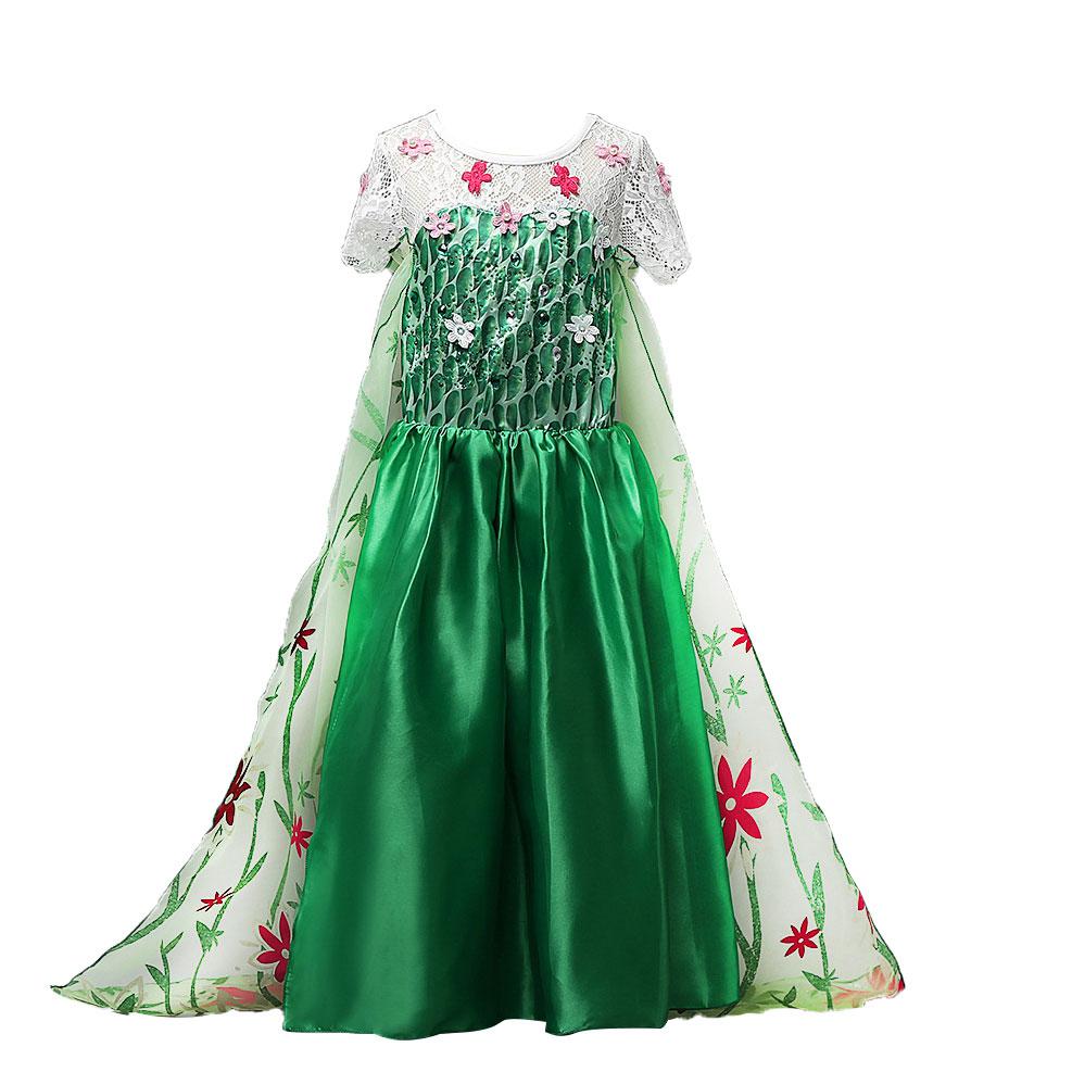 Snow Queen Elsa Birthday Party Dress Cosplay Costume for Summer Elegant Girls Green Floral Dresses Children Halloween Clothing alx