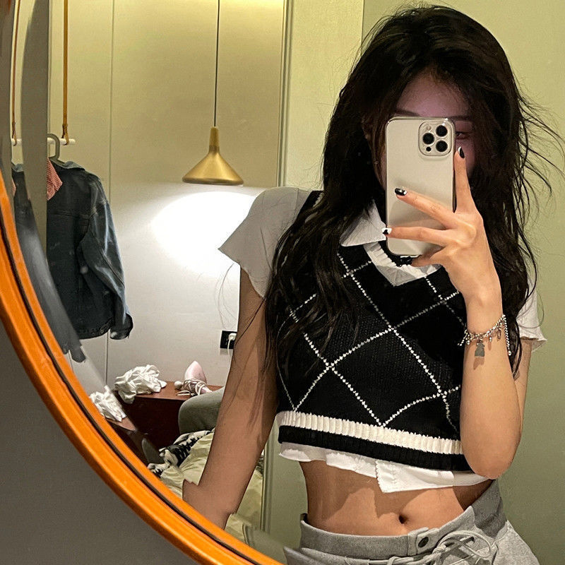 Women Sweater Vests Argyle Stylish Slim Crop Tops JK Japan Style College Hot Sweet Students All-match Streetwear Jumpers Retro alx