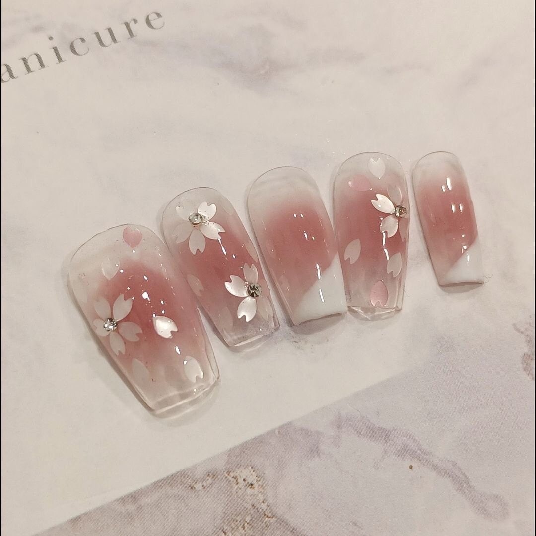 Brush white sakura  Press On Nails/ cherry blossoms/ Cute Light Pink Nails/Pink Elegant Nails/ Cute Nails/Wedding Nails/Cute Nails #99