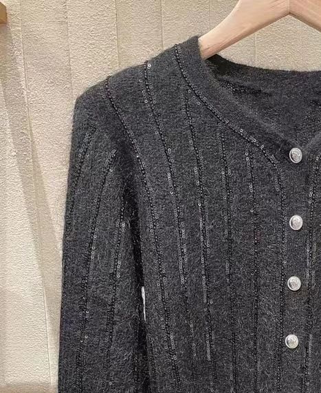 Women Sweater Sequins Round Neck Three Quarter Sleeve Striped Single Breasted Knit Cardigan Solid Casual Autumn Coat alx