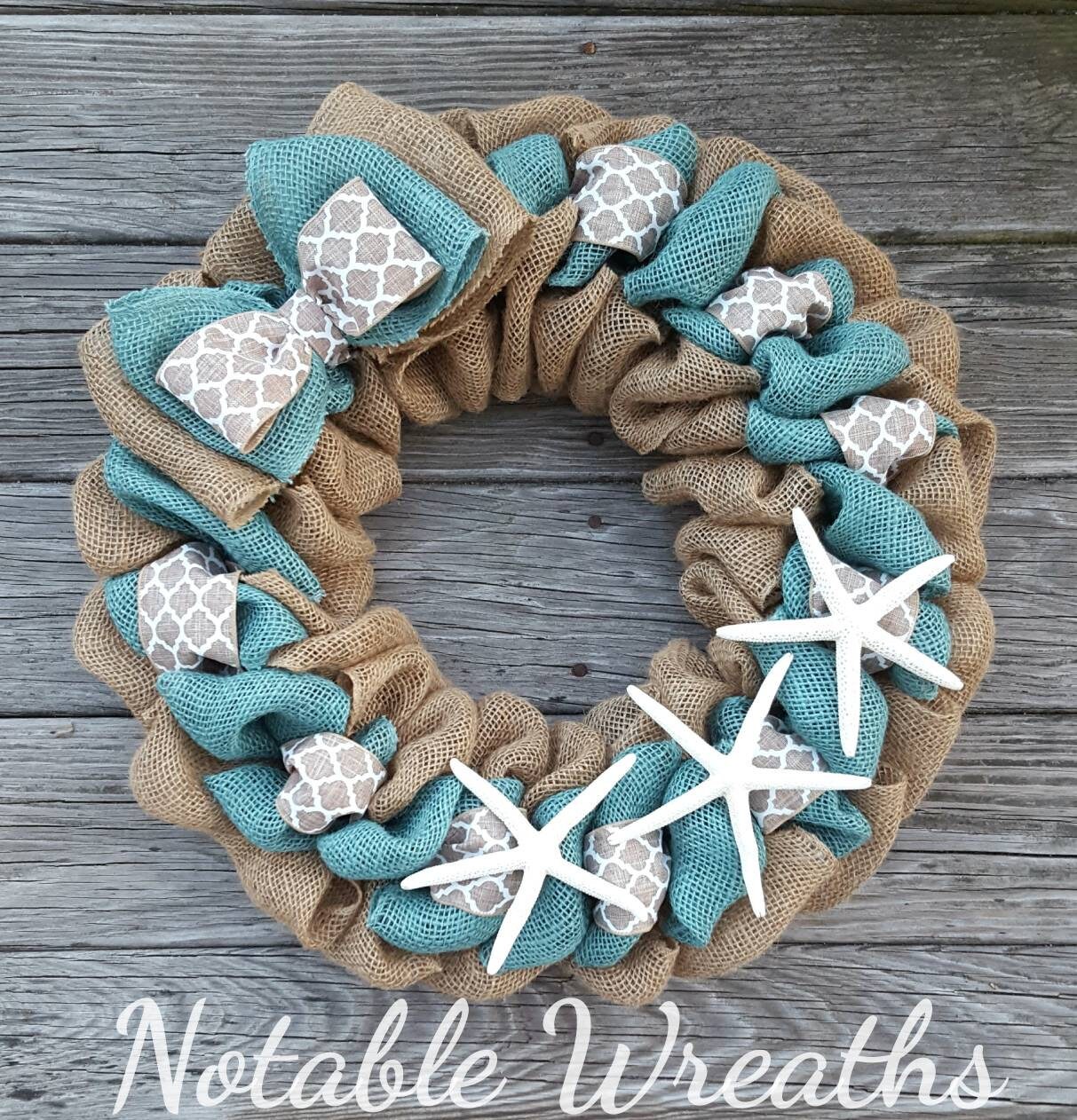 Coastal wreath, beach house wreath, starfish wreath, housewarming gifts, burlap wreaths for front door, turquoise wreath