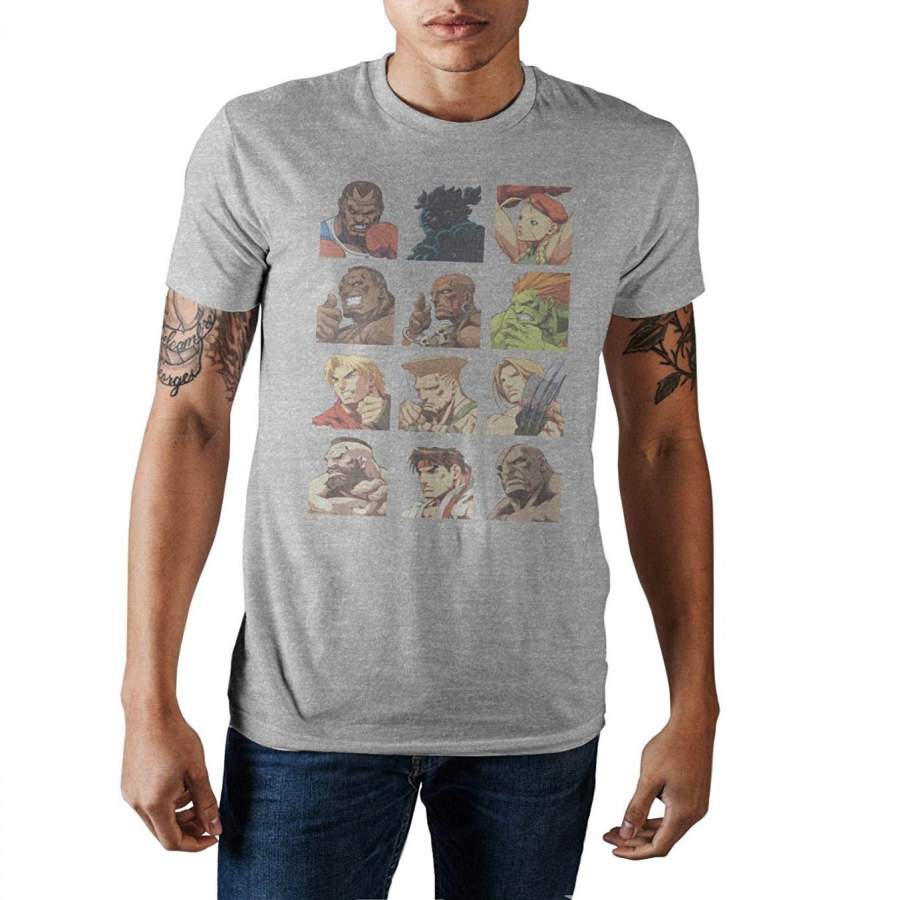 Capcom Street Fighter Vintage Character Grid Grey Graphic Print T-Shirt