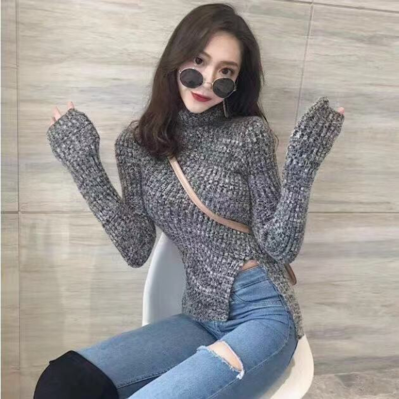 Sweater Pullover Female Women Spring New Fall Winter Versatile High Neck Solid Long Sleeve Open hem Irregular Sweater Pullover alx