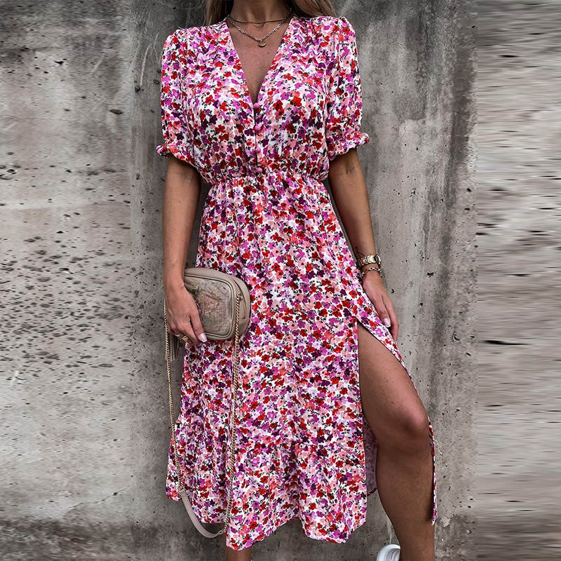 Women Floral Print Long Dress Summer Boho Sexy V Neck Half Sleeve Dress Female Vintage Casual Side Split Big Hem Maxi Dresses alx