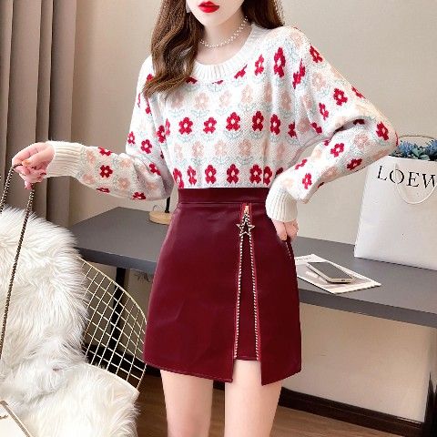 2022 Women’s Autumn Winter New Suits Female O-neck Sweater Tops + Slim Package Hip Leather Skirts Ladies Two-piece Sets Q356 alx