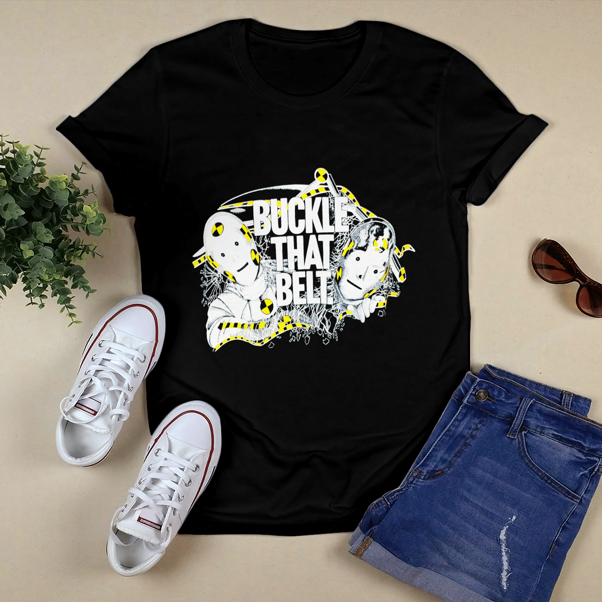 80s Buckle That Belt Vintage Crash Test Dummies Classic Car Safety Pop Culture Seat Belt Ad Campaign Promo T-Shirt