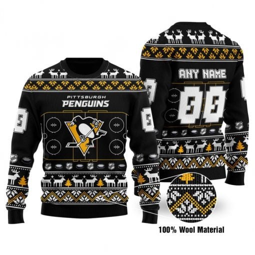 Pittsburgh Penguins Custom Name Number Black Gift For Fan Ugly Wool Sweater Christmas