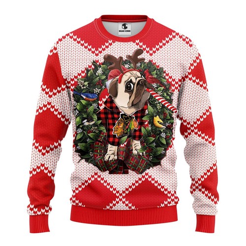 Chicago Blackhawks Pug Dog Christmas Gift For Fan Ugly Wool Sweater Christmas