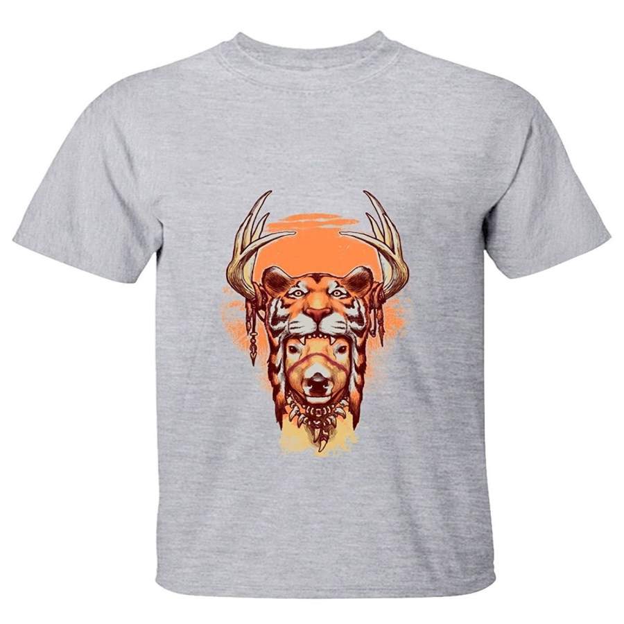 Rerabbit Deer And Sun Tshirts For Mens Grey Cotton Oneck Tee Shirt