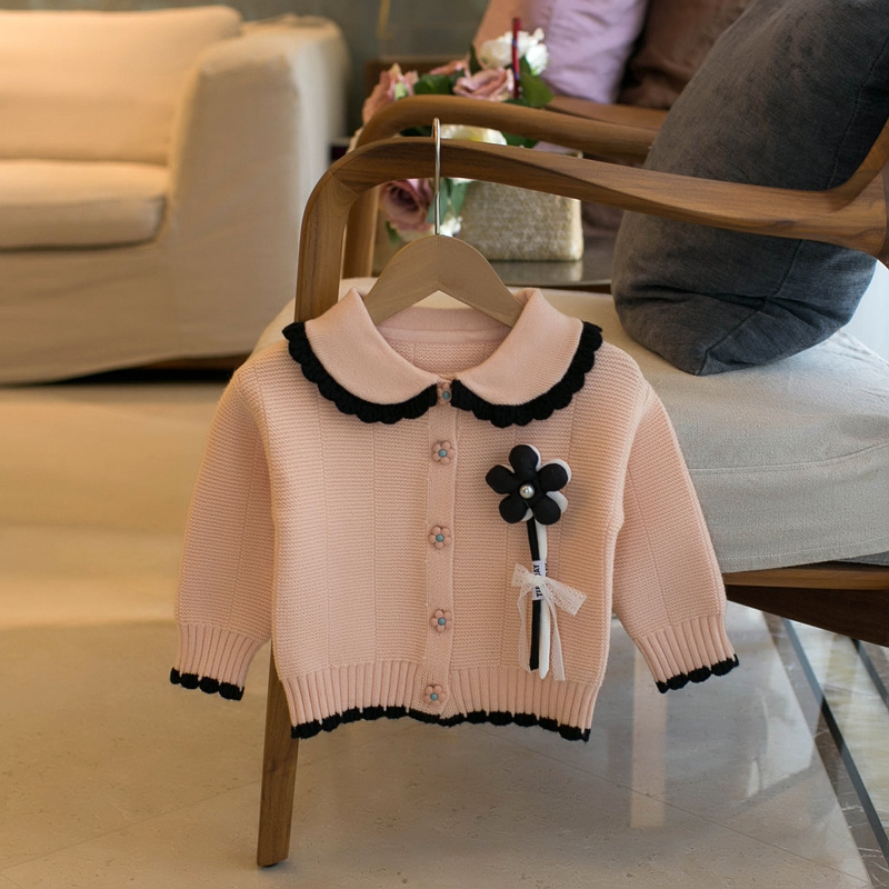 Autumn Winter New Style Children’s Sweater Girl’s Small Flower Round Neck Cardigan Sweater Child Outwear Knitted Jacket alx