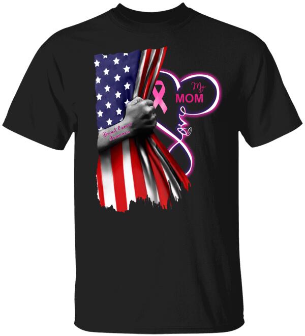 American Flag Love And Pink Ribbon Personalized Shirt Breast Cancer Awareness Sh-01163-Ctha