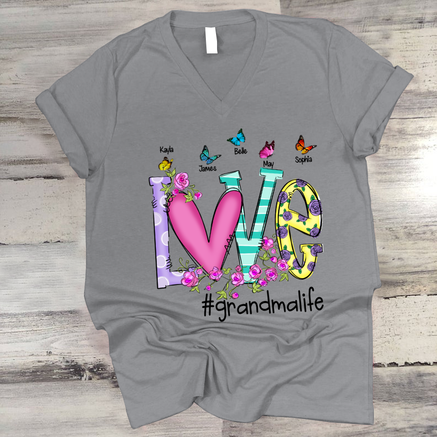 Love Grandma Flower Butterfly V-Neck