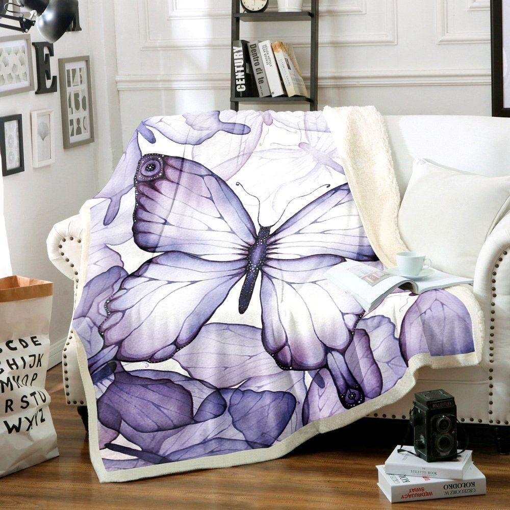 [Personalized Name] Butterfly White And Purple Pattern Fleece Blanket, Sherpa Blanket,  Gift For Granddaughter Gift For Aunt Gift For Parent, Family Member, Friends Gift, Christmas Gift, Home Decor, Home Living