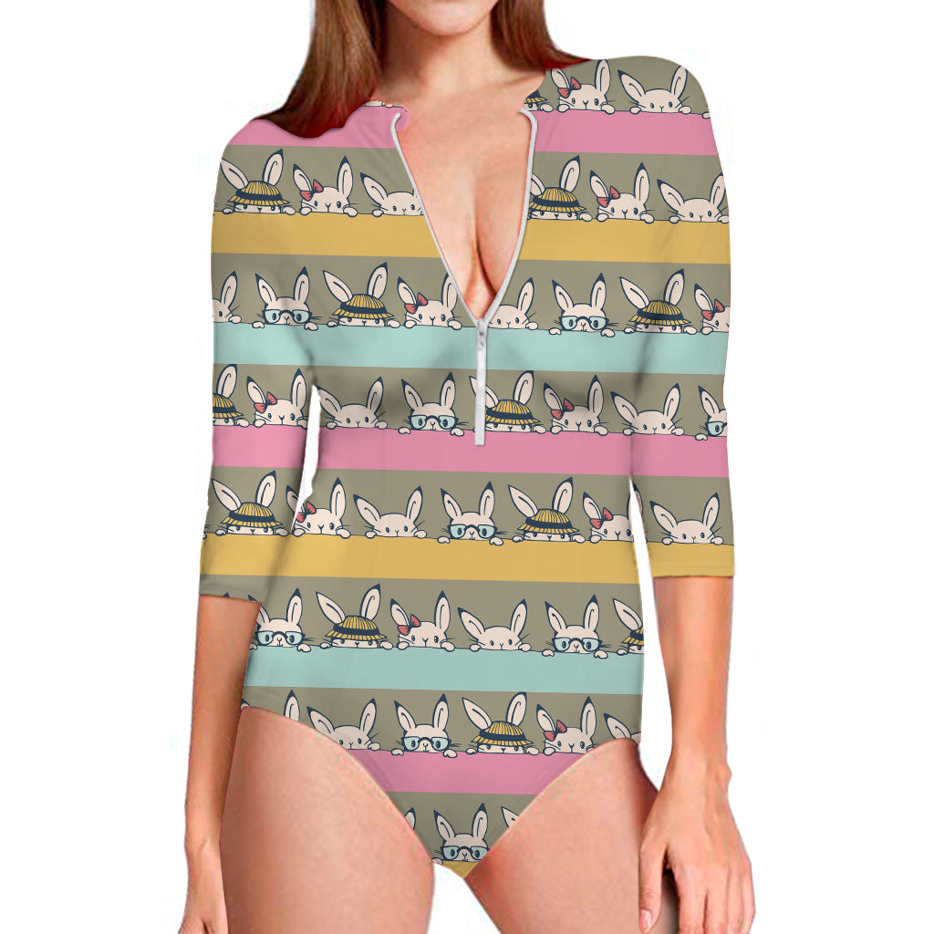 Cartoon Rabbit Pattern Print Long Sleeve One Piece Swimsuit