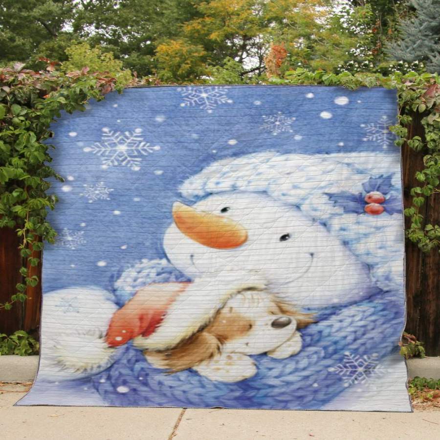 Christmas gift – DN0912 – Snowman – Snowman and Puppy Enjoying Snowflake –  Quilt