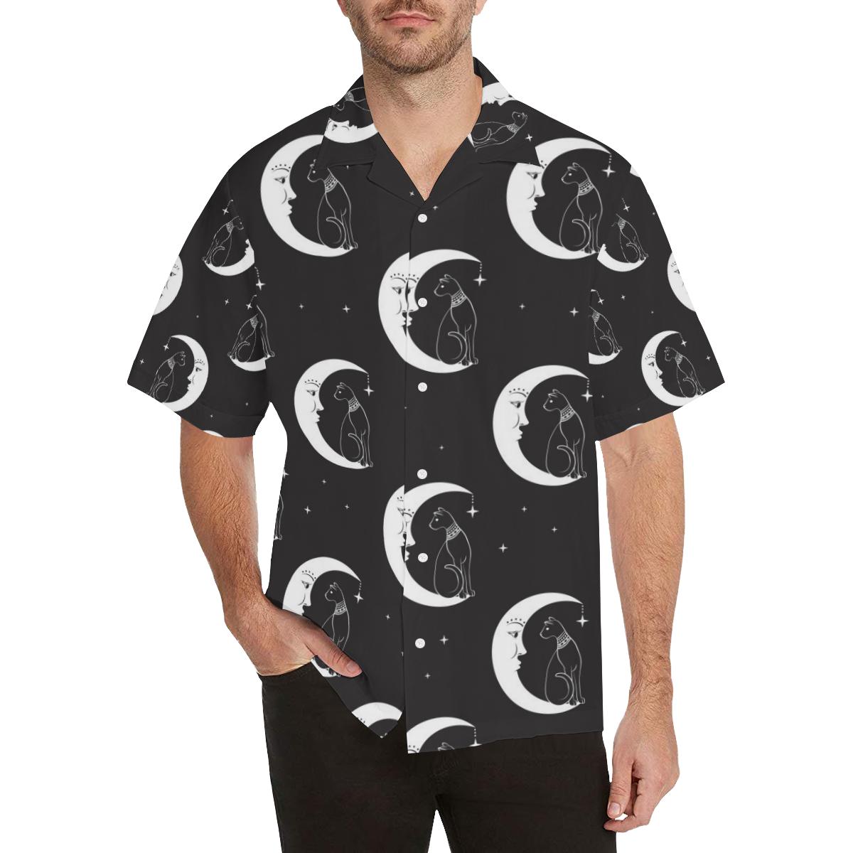 Moon With Cat Pattern Print Hawaii Unisex Aloha Short Sleeve Casual Shirt Ha65431