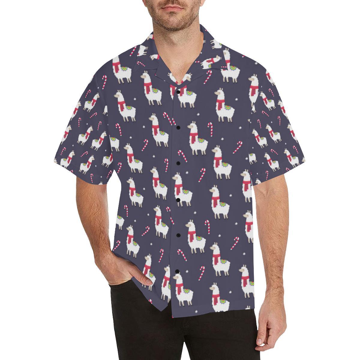 Llama With Candy Cane Themed Print Hawaiian Shirt, Llama Hawaiian Shirt For Men & Women