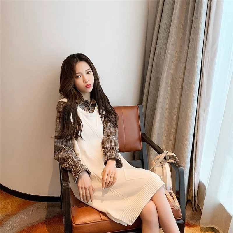 2023 NEW Ladies Dress Mid-Long Spring Autumn Winter Shirt Collar Fake Two-Piece Knitted Dresses Women Long Sweater Pullover alx