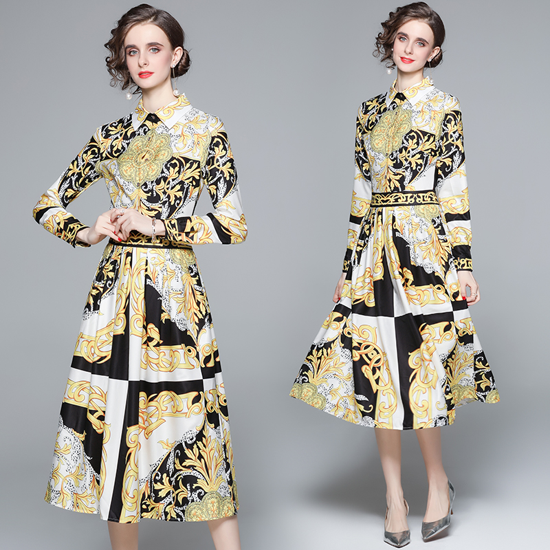 2022 Spring Autumn Vintage Palace Shirt Dress Female’s Turn-down Collar Long Sleeve Floral Print Party Pleated Dress Robe M56688 alx