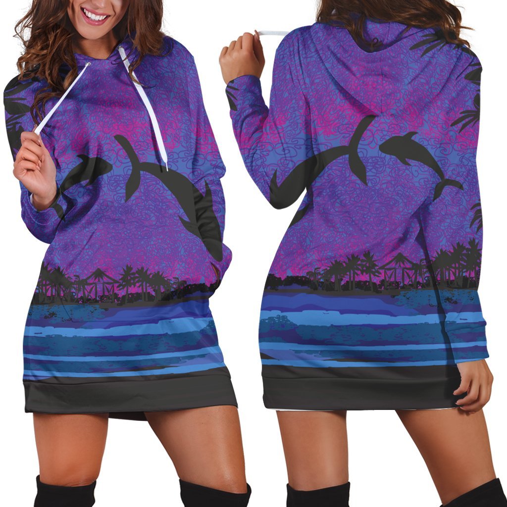 Hawaiian Dolphin In Night Polynesian Hoodie Dress – AH – JR