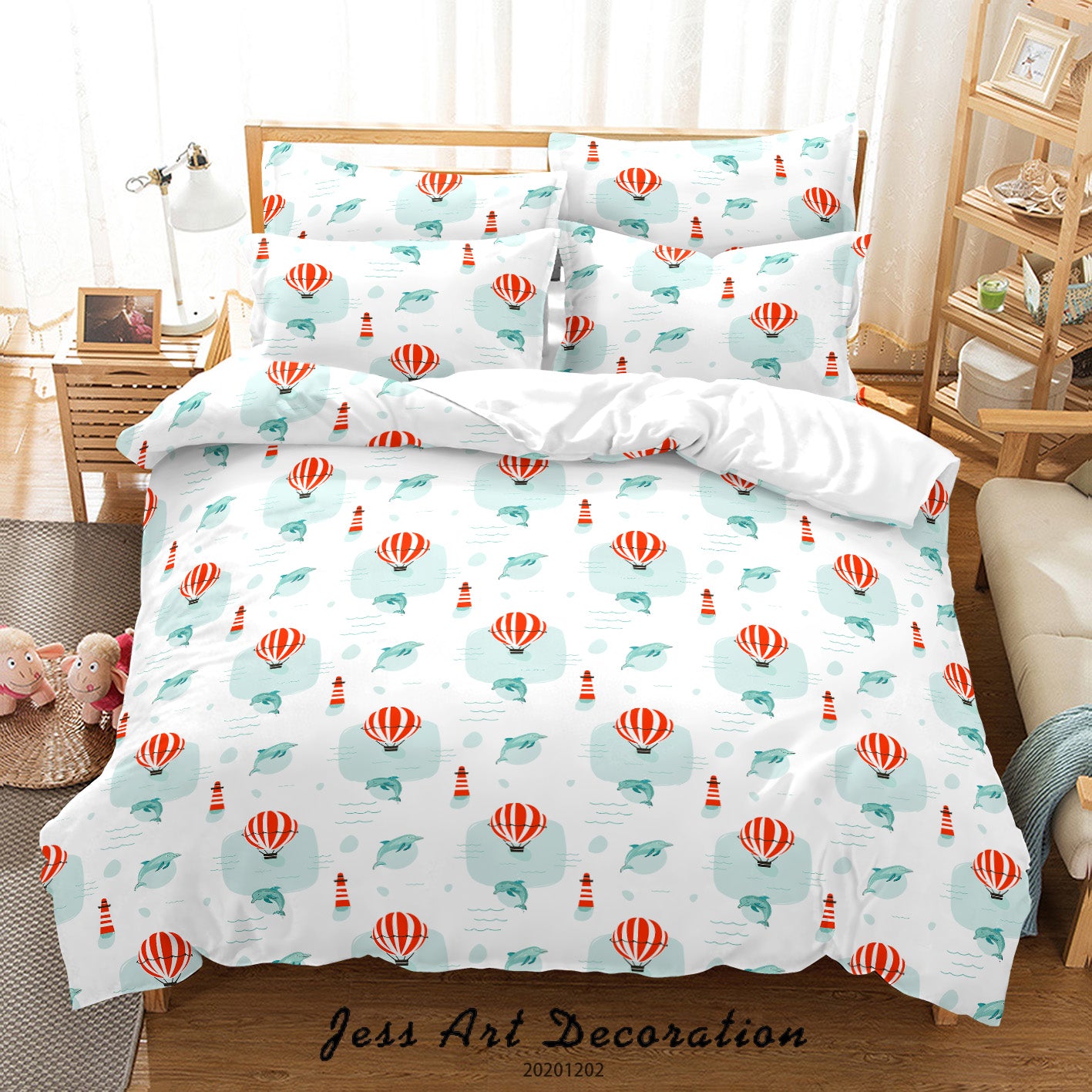 3D Hand Drawn Red Hot Air Balloon Dolphin Lighthouse Pattern Quilt Cover Set Bedding Set Duvet Cover Pillowcases Lxl