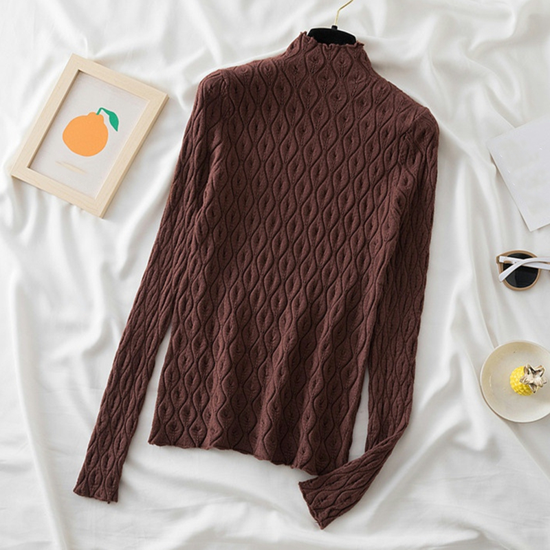 Casual Mock Neck Knitted Women Sweater Winter Fashion Korean Slim Elastic Long Sleeves Hollow Out Solid Ladies Pullovers Sweater alx