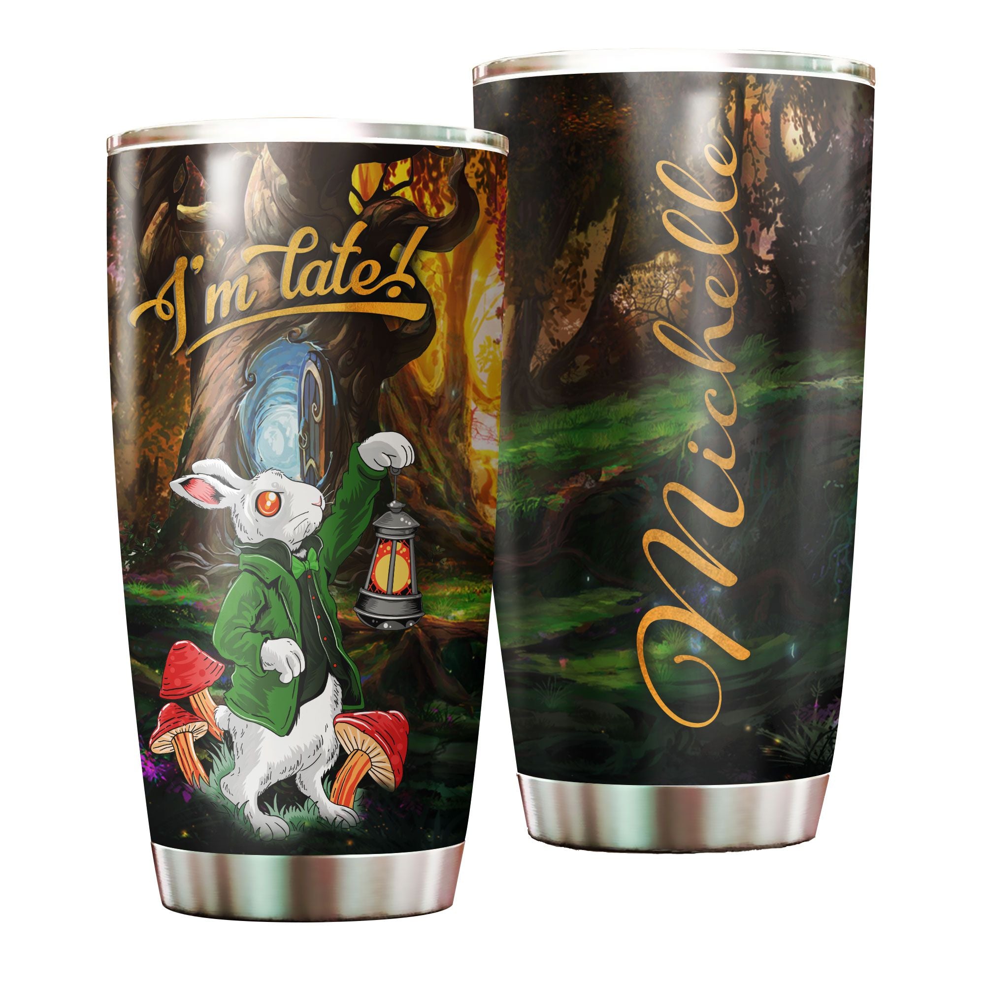 Personalized Rabbit Bunny I’M Late Fairytale Stainless Steel Tumbler – Double-Walled Insulation Thermal Cup With Lid Gift For Girls Kids