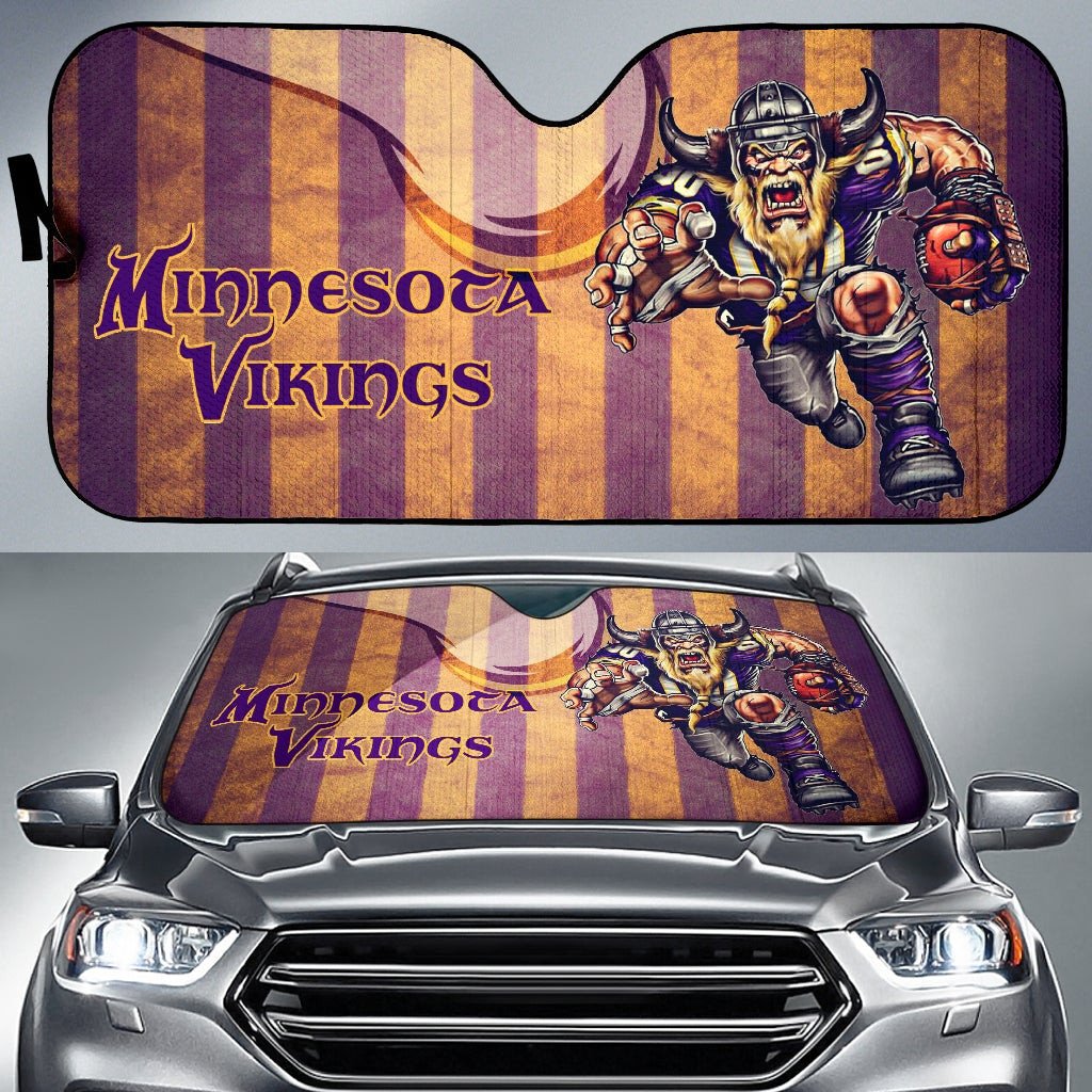 Minnesota Vikings American Football Team Car Sunshade Giant Viking Holding Rugby Running On Flag With Viking Horn Car Sun Shade