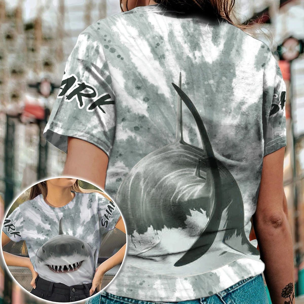 Shark Ocean Animal Grey Tie Dye Pattern 3D All Over