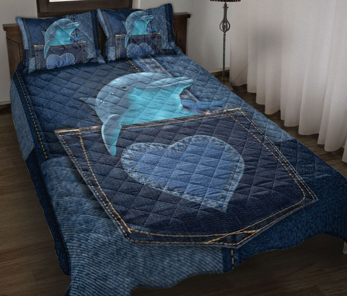 Dolphin Quilt Set, Cute Dolphin In Pocket Jean Patchwork Ocean Quilt Blanket With Pillowcases, Quilt Bedding Set