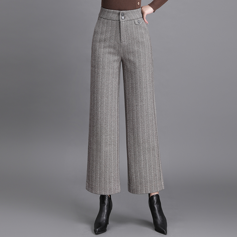 Autumn Winter Korean stytle Thickened WarmWool Wide Leg Pants Womens Fashion Striped High Waist Loose Straight Casual Trousers alx