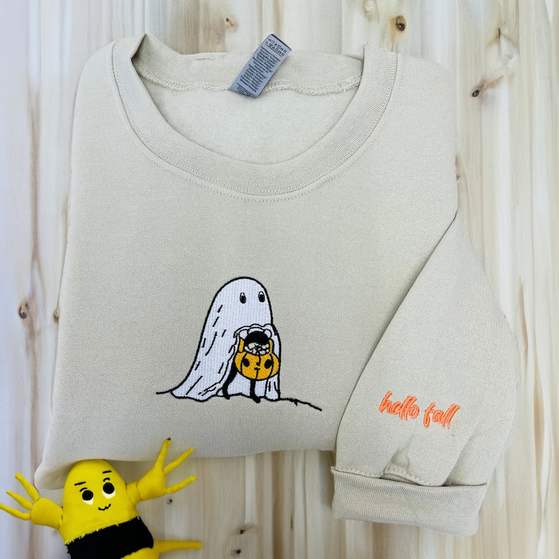 Ghost With Pumpkin Halloween Embroidered Sweatshirt 2D Crewneck Sweatshirt All Over Print Sweatshirt For Women Sweatshirt For Men Sws4642