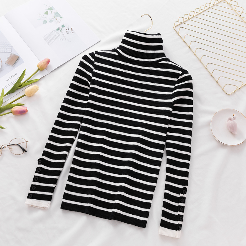 2021 Striped Turtleneck Women Sweater Autumn Winter Knitted Pullover Sweater Slim Elasticity Jersey Mujer Long Sleeve Pull Femme alx