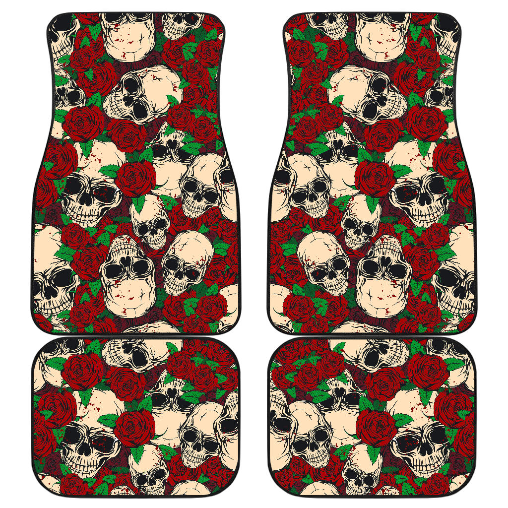 Red Rose Skull Pattern Print Front And Back Car Floor Mats, Front Car Mat