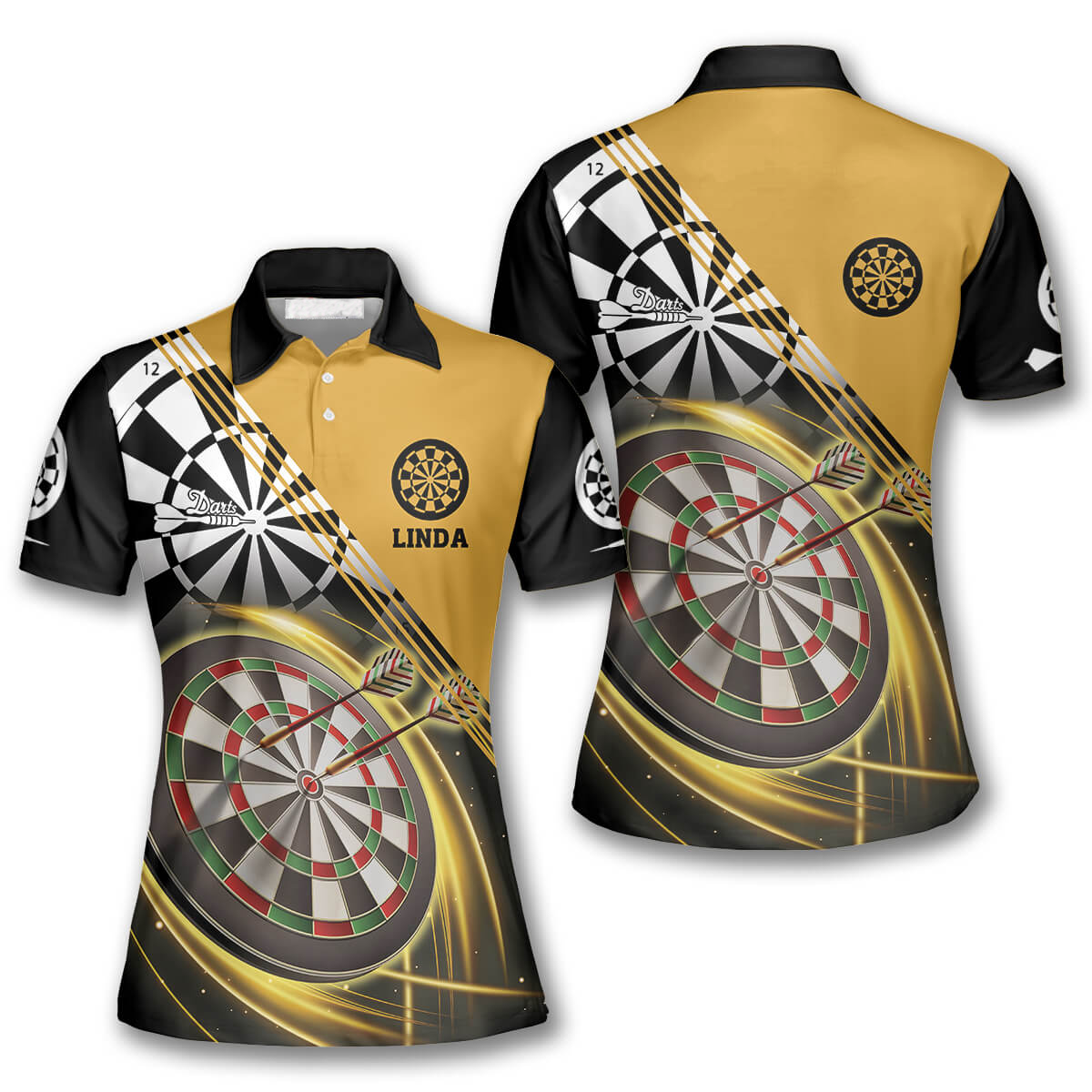 Dart In Heart Polo Shirt, Darts Yellow Black Version Custom Darts Shirts For Women