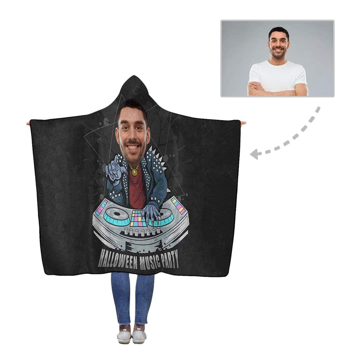 Custom Face Halloween Music Party Flannel Hooded Blanket