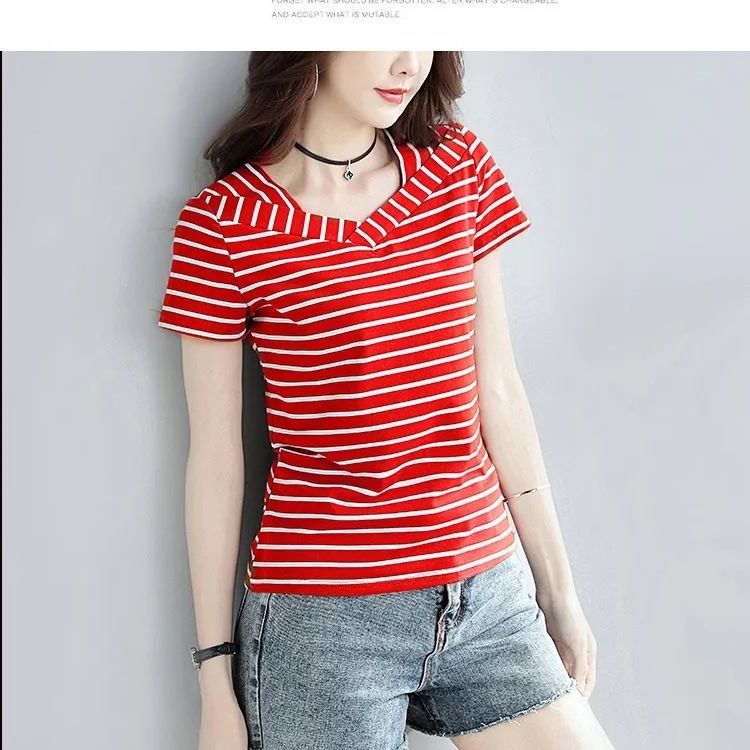 Tops Striped Graphic Short Sleeve Clothes Pulovers Korean Fashion Women’s T-shirt Summer T Shirt Casual Aesthetic V-Neck Sexy alx