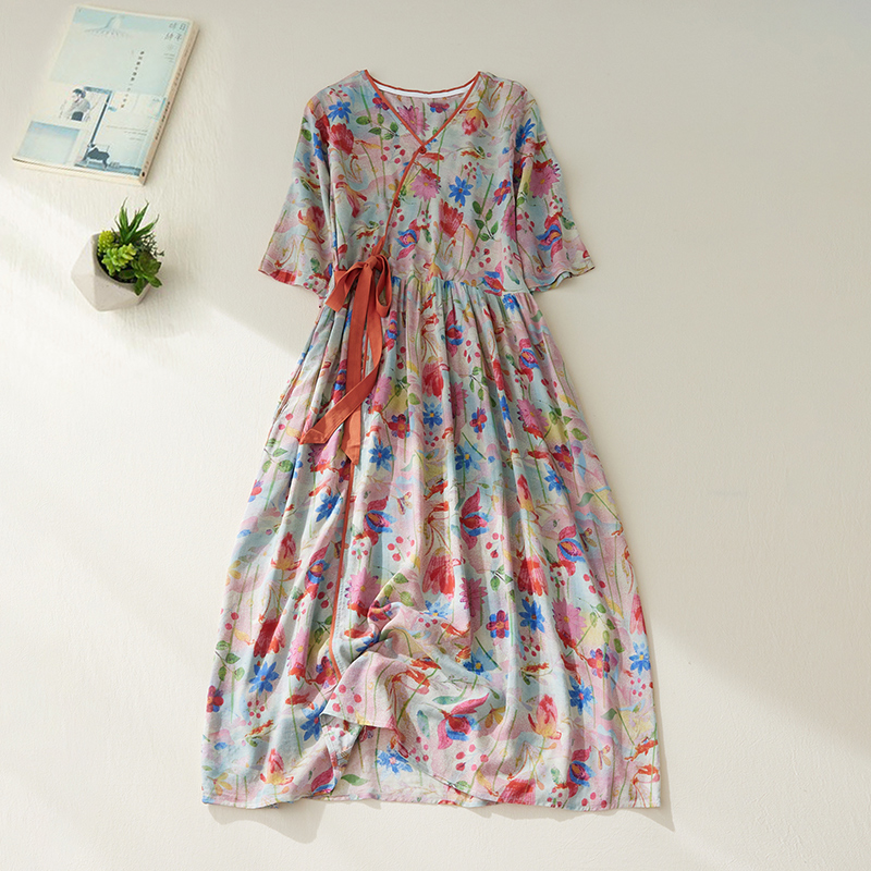 2022 New Arrival Thin Light Soft Loose Cozy Summer Dress V-neck Print Floral Bandage Vintage Travel Style Women Casual Dress alx